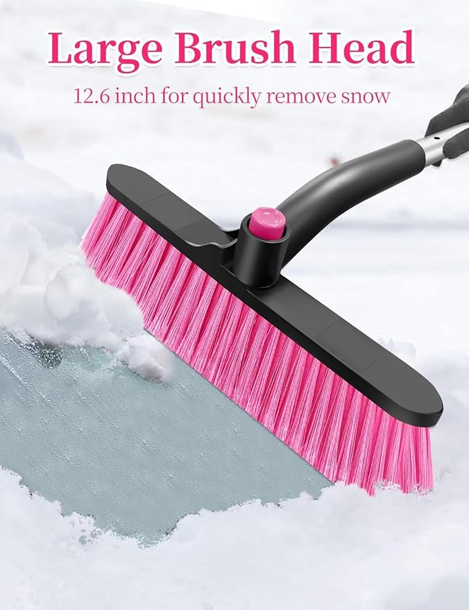 HEEYA 12.6 Inch Large Brush Head with Ice Scraper, Extendable Car Scraper Snow Brush for Car Window Windshield, Portable Snow Scraper for SUV Truck Vehicle Automobile - Pink