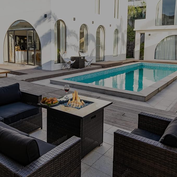 30'' Propane Fire Pit Table, Marble Textured Ceramic Tabletop, 50,000 BTU Fire Table with Brown Wicker, Mix Color Glass Rocks, Including Lid&Cover, Square