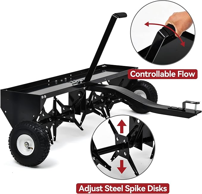 YITAMOTOR 48" Tow Plug Lawn Aerator with Universal Hitch,Black Painted Galvanized Steel with Tray and Inflatable Wheels, Lawn Aerator Tow Behind for Garden, Farm and Lawn