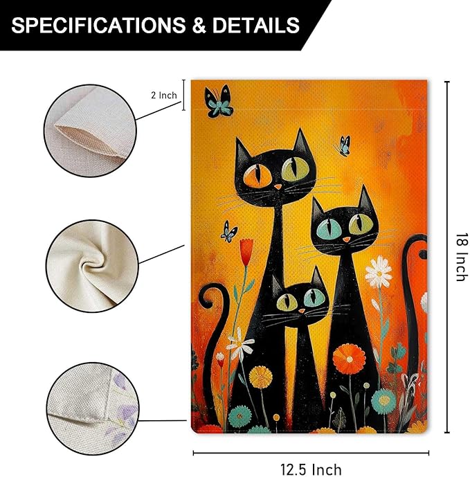 Black Cat Garden Flag Halloween Garden Flag Seasonal Vertical Double Sided Rustic Farmland Burlap Yard Lawn Outdoor Decor 12.5x18"