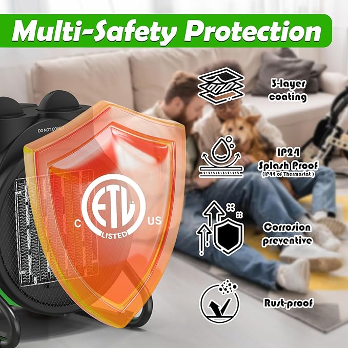 Outdoor Heaters for Patio, 1500W Portable Garage Heater with Overheat Protection & 3S Fast Heating, Non-Slip Cushion, Electric Space Heater for Patio, Garage, Greenhouse, Bedroom, Green