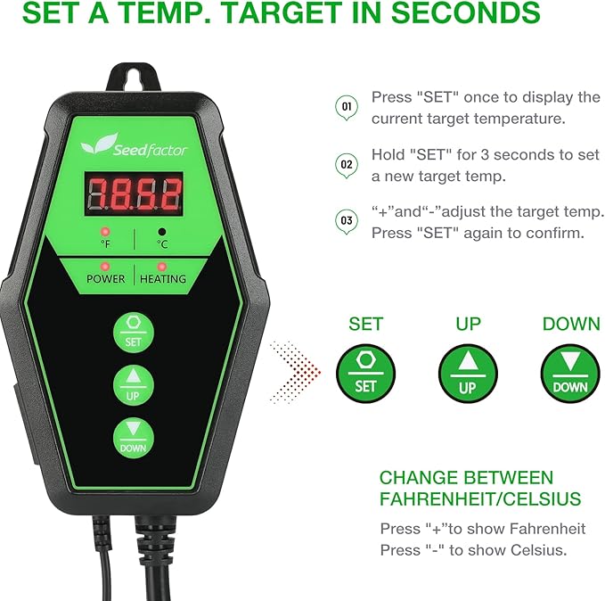 Seedfactor Digital Heat Mat Thermostat Controller for Seed Germination, Reptiles and Brewing Breeding Incubation Greenhouse, 40-108°F, 8.3A 1000W FCC-Certified, UL-Listed