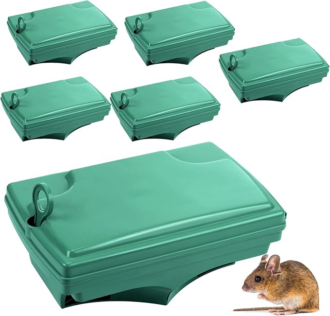 Qualirey 6 Pack Rat Bait Stations with 6 Keys Reusable Heavy Duty for Rodents Outdoor Mouse Poison Holder Large Station Traps for Mice Pests, Bait Not Included(Green)