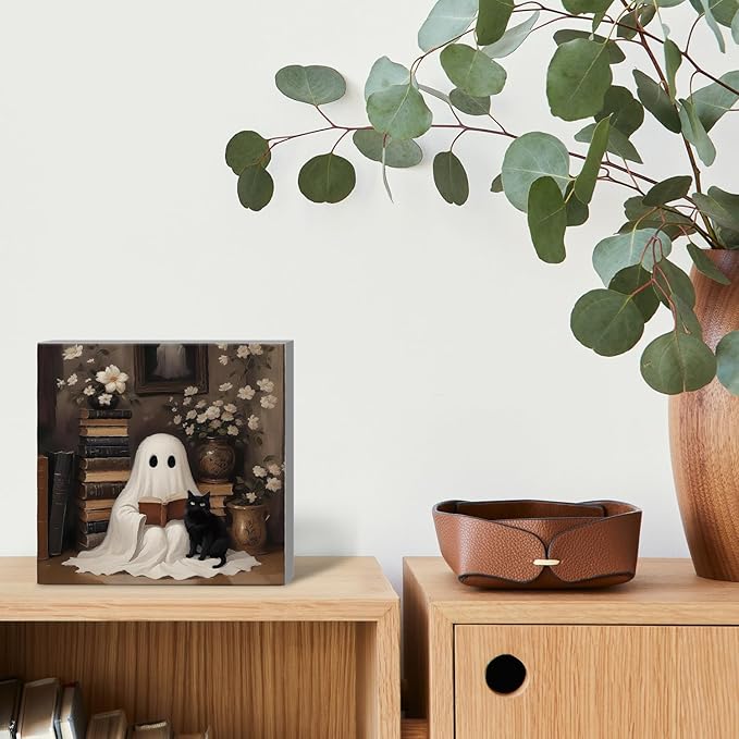 Mtrgdn Cute Halloween Decor,Halloween Decorations Indoor,Ghost with Black Cat Desk Decor Wooden Box Sign,Halloween Home Office Kitchen Bathroom Bedroom Coffee Bar Table Shelf Wall Decorations,5x5 Inch