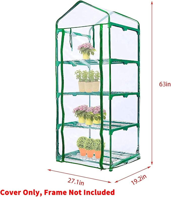 4 Tier Roll-Up Zipper Door Greenhouse Replacement Cover- 63 x 27 x 19 Inch Clear PVC Plant Greenhouse Cover for Gardening Plants Cold Frost Protection Wind Rain Proof (Frame NOT Include)