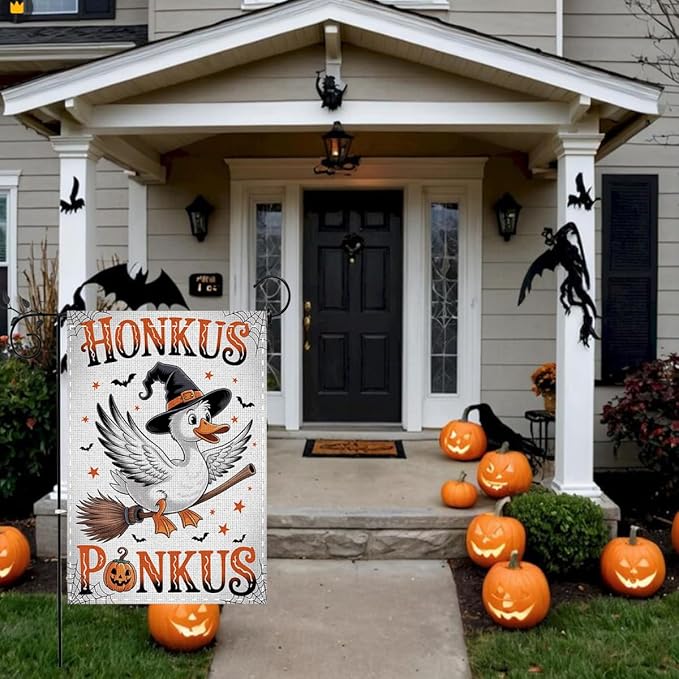 Fokongna Witch Goose Halloween Garden Flag, Interesting Happy Halloween Decor, 12x18 Inch Burlap Vertical Double Sided Flags, for Home Yard Outside Decorations