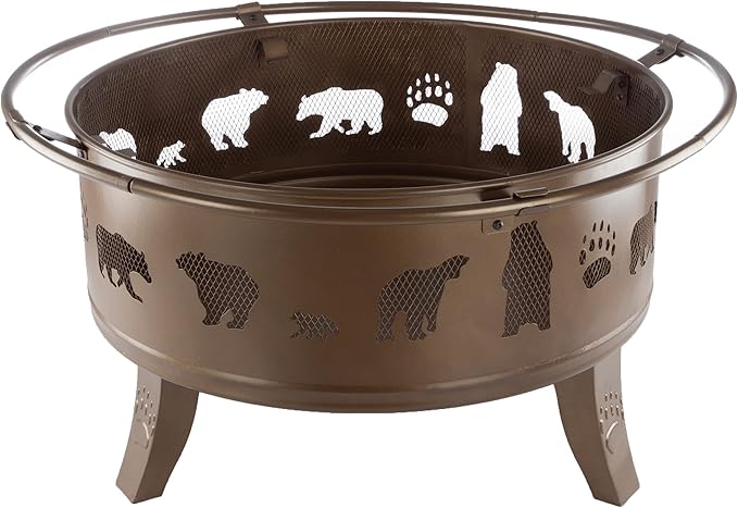 Pure Garden 50-LG1202 32” Outdoor Deep Fire Pit-Round Large Steel Bowl with Bear Cutouts, Mesh Spark Screen, Log Poker & Storage Cover-Patio Wood Burning, Antique Gold