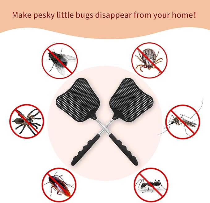 Fly Swatters 2 Pack, Durable Telescopic Stainless Steel Handle, Heavy Duty Black Bug Zapper Racket, Upgraded Plastic Fly Swatter Set for Indoor Outdoor Home Hiking Camping Garden