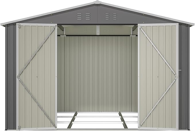 10×10 FT Outdoor Storage Shed,Metal Aluminum Waterproof Tool Sheds with Foundation,Doors & Vents,Heavy-Duty Sheds Unit W/Lock & Key,for Storing Bicycles,Lawnmowers,Barbeques,Gray