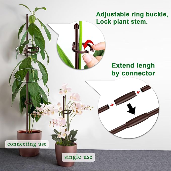 Plant Stakes 17inch &11inch SupKing 16Pcs Adjustable Flower Support Poles Brown Orchid Sticks with Clips for Indoor Outdoor Garden Potted Tomato Rose Amaryllis Vegetables Comes with 20 Ties