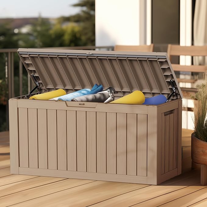 ROJIK Outdoor Storage Housing Deck Box - Waterproof Patio Furniture, Garden Tools, Cushions, Pool Accessories Storage Bench with Lockable Lid and Side Handles (Grey, 80 Gal)