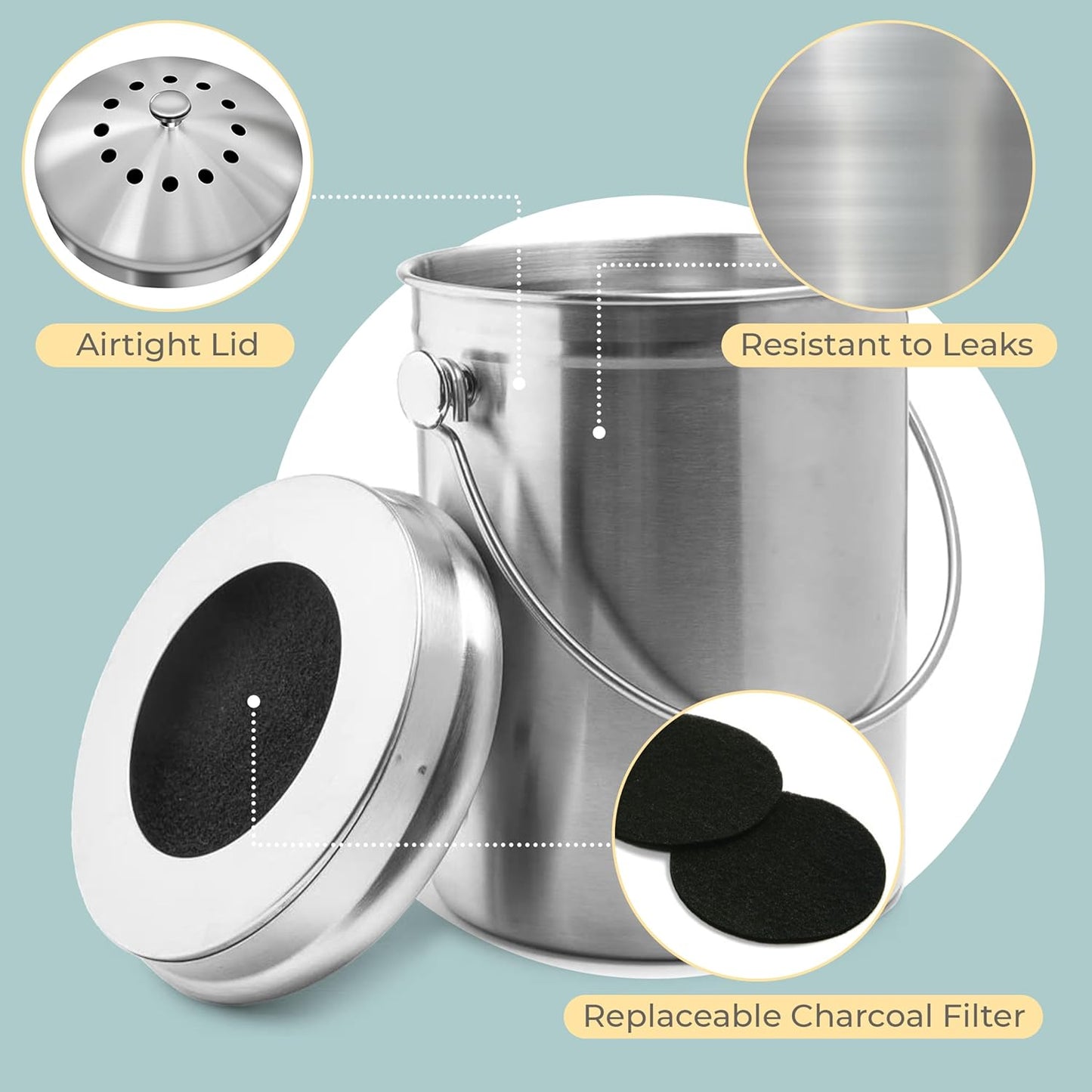 EPICA Countertop Compost Bin Kitchen | 1.3 Gallon | Odorless Composting Bin with Carbon Filters | Indoor Compost Bin with Lid | Stainless Steel Kitchen Composter for Food Scraps & Waste Recycling