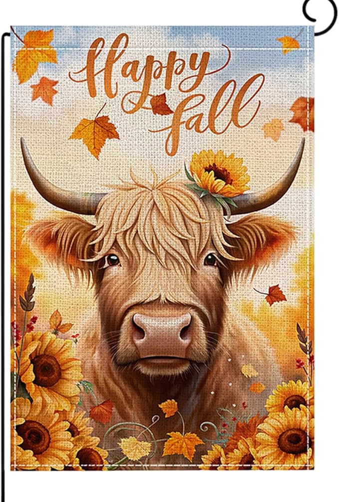 Fall Garden Flag 12 x 18 Inch Double Sided Cow Maple Leaves Sunflower Designs Autumn Burlap Yard Flag for Outside Rustic Yard Outdoor Holiday Home Decoration