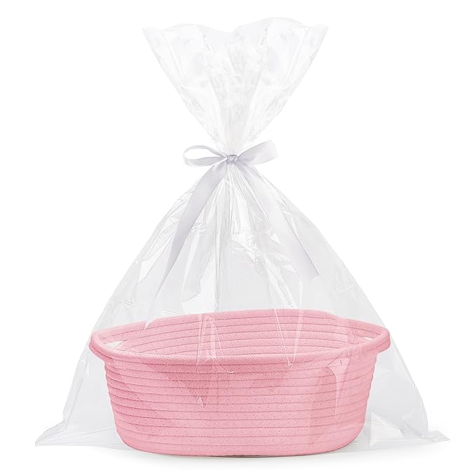 Pro Goleem Small Woven Basket with Gift Bags and Ribbons Durable Baskets for Gifts Empty Small Rope Basket for Storage 12"X 8" X 5" Baby Toy Basket with Handles, Pink