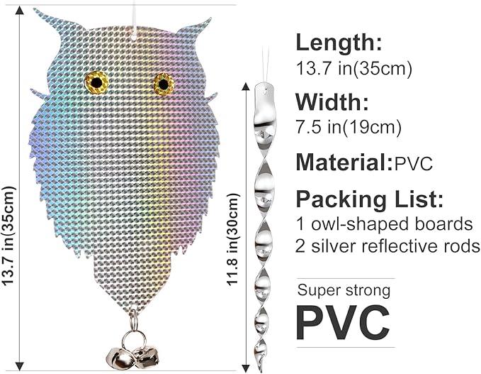 OFFO Owl Decoy with 2 Reflective Bird Scare Rods to Scare Birds Away Bird Device for Woodpecker Pigeon Plastic Hanging Outdoors Reflective Keep Birds Away Home and Garden 1 PCS