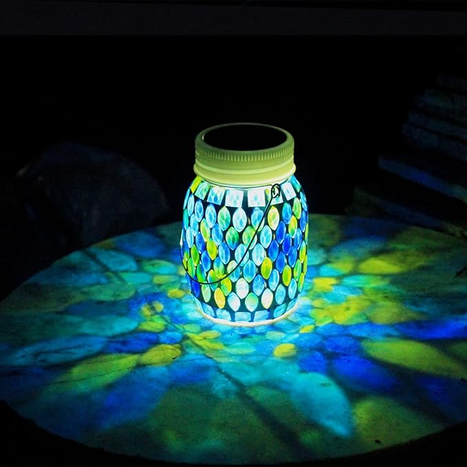 Mosaic Garden Decor Solar Outdoor Hanging Lights,Solar Mosaic Lanterns Christmas Gifts for Women Mom Grandma Halloween and Garden,Patio,Pathway & Yard Décor (Bule)