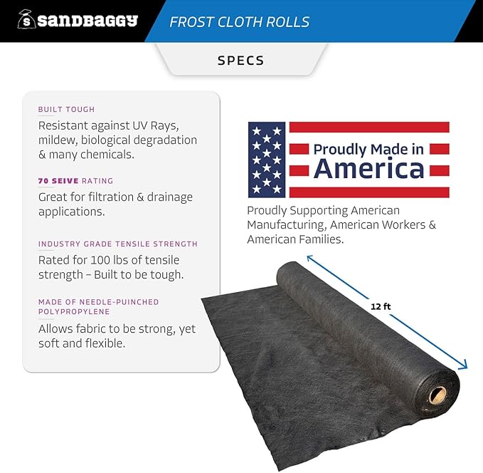 Sandbaggy Frost Cloth Rolls (12 ft x 50 ft) | Winter Cover for Shrubs, Trees, Gardens | Plant Blanket, Freeze Protection | Black, 4 oz Polypropylene (1 roll)