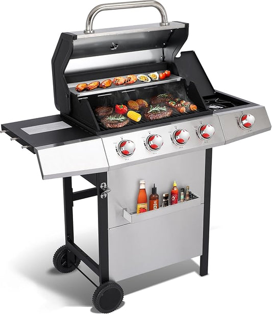 4 Burner Propane Gas Grill Combo w/Side Burner, 3-in-1 BBQ Grill with Charcoal Smoker & Griddle Plate, 46,750 BTU, 448 Sq.In. Stainless Steel Outdoor Cooking Station