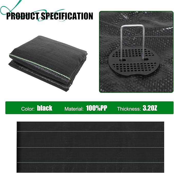 3ft x50ft Black Weed Barrier Landscape Fabric Heavy Duty 3.2OZ French Drain Fabric Ground Cover Weed Cloth for Erosion Control，Outdoor Gardening Weed Control Mat