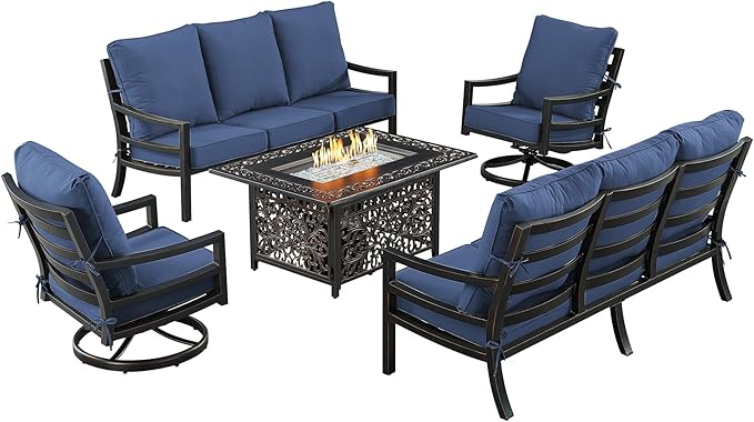 Oakland Living Black Aluminum Patio Fire Table Set with Two Deep Seating Sofa with Cushions and Two Club Chairs with Blue Cushions