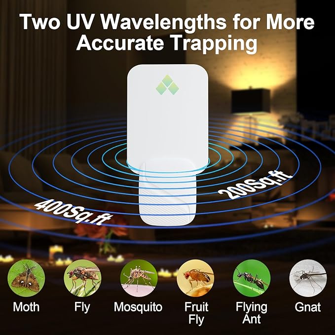 Fly Trap Indoor, Fruit Fly Traps for Indoors, Two Modes Protect 400 Sq Ft for Home, 2 Devices 12 Glue Cards, Fly Catcher Trap for Fruit Flies, Gnats, Mosquito, Flies, Moths, and Other Flying Insects
