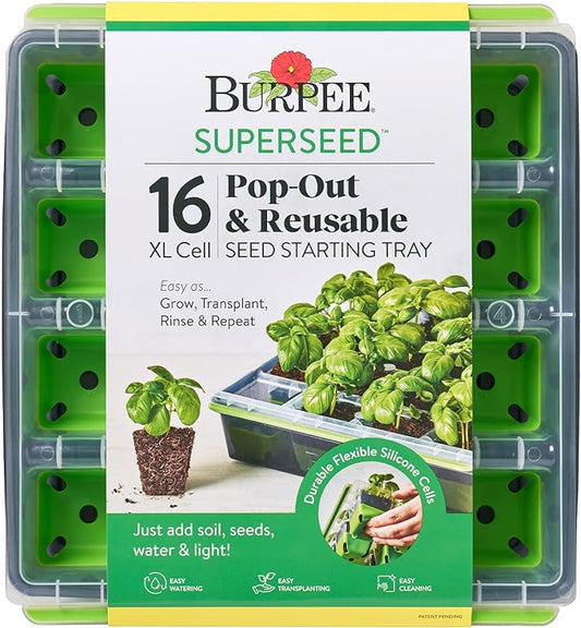 Burpee SuperSeed Seed Starting Tray | 16 XL Cell | Reusable & Dishwasher Safe | for Starting Vegetable Seeds, Flower Seeds & Herb Seeds | Indoor Grow Kit for Deep-Rooted Seedlings, Green