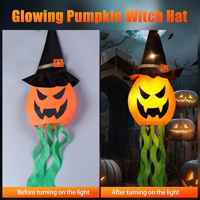 Halloween Decorations Outdoor Decor Hanging Lighted Glowing Pumpkin Witch Hat with 3 Modes Lighted Up Scary Orange Halloween Decorations for Indoor Outside Party Yard Tree Garden (4Pcs)
