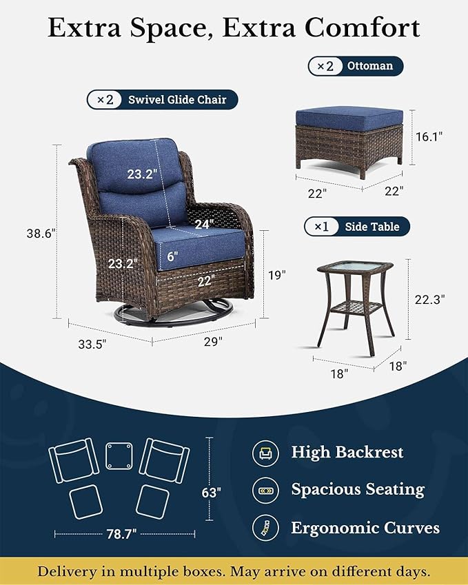 HILLGA Luxury Patio Furniture Set with 6-Inch Thick Cushions, High Back Outdoor Swivel Rocker Chairs and Ottoman, 5-Piece All Weather Conversation Set for Porch Deck Balcony Yard, Blue (V3)