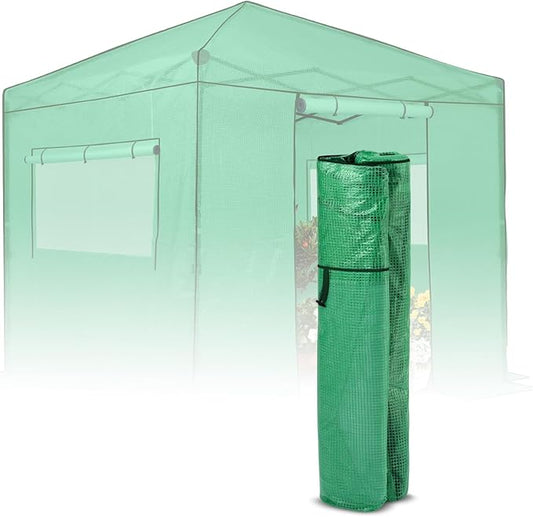EAGLE PEAK Replacement Cover for 8x8 Portable Walk-in Pop up Greenhouse, Front and Rear Roll-Up Zipper Entry Doors and 2 Large Roll-Up Side Windows (Frame Not Included), Green