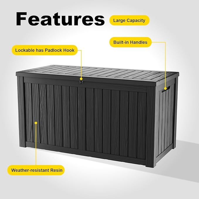ROJIK Outdoor Storage Housing Deck Box - Waterproof Patio Furniture, Garden Tools, Cushions, Pool Accessories Storage Bench with Lockable Lid and Side Handles (Black 158 Gal)