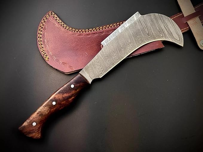 Hand Forged Damascus Steel Billhook Machete Knife – Heavy Duty Sickle Garden Tool for Cutting Trees, Yard Work, Weeding, and Camping – Survival Machete with Leather Sheath and Belt Loop