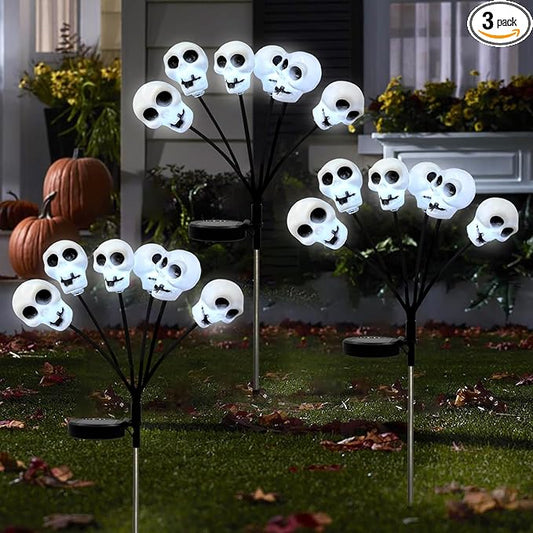 Set of 3 Halloween Skull Lights Outdoor Solar Pathway Lights with 18 Cool White LEDs for Garden Yard Lawn Patio Decorations