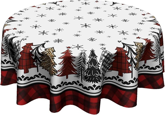 Christmas Round Tablecloth 60 Inch,Rustic Snow Xmas Pine Trees Buffalo Plaid Farmhouse Reusable Wipable Table Cover for Kitchen Party Picnic Dinner Winter Holiday Table Decor
