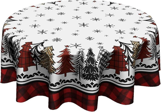 Christmas Round Tablecloth 60 Inch,Rustic Snow Xmas Pine Trees Buffalo Plaid Farmhouse Reusable Wipable Table Cover for Kitchen Party Picnic Dinner Winter Holiday Table Decor