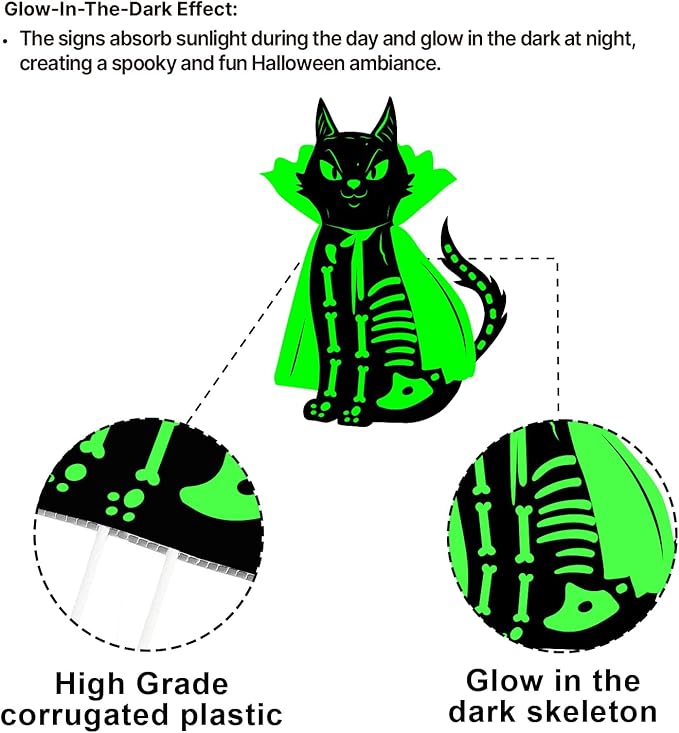 16.5”×12.6” Halloween Black Cat Yard Decorations Glowing in The Dark, 6Pcs Spooky Halloween Skeleton Cat Signs for Outdoor Porch, Garden, Graveyard and Party, Waterproof and Durable Yard Stake
