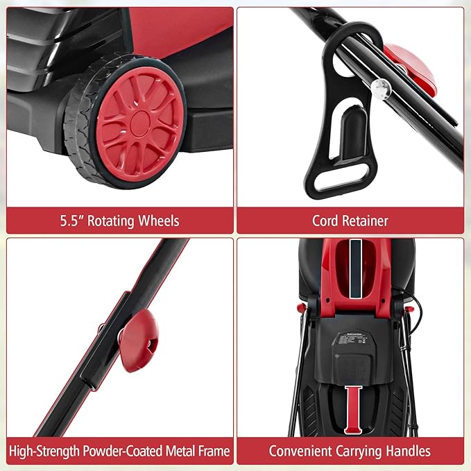 S AFSTAR Electric Corded Lawn Mower, 12-AMP 14-Inch Walk-Behind Lawnmower with Collection Box, 3 Adjustable Height Position, Self Locking Function, Push Lawn Mower for Backyard Patio