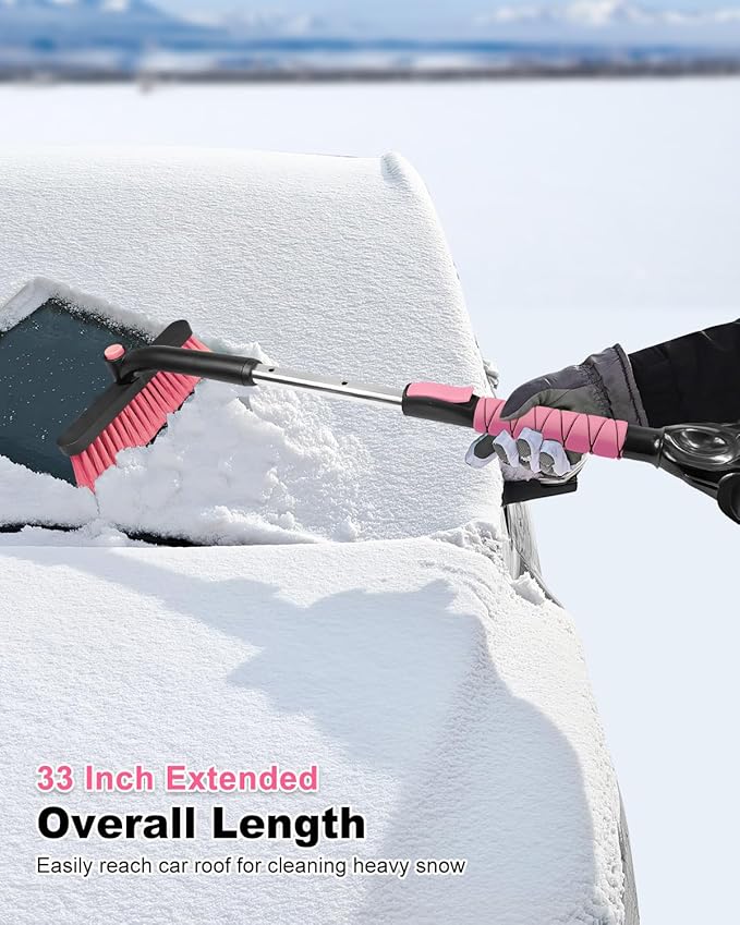 SEAAES 33 Inch Snow Brush and Ice Scraper for Car Windshield, Extendable Snow Scraper and Brush with Foam Grip for Truck SUV Vehicle Window - Pink