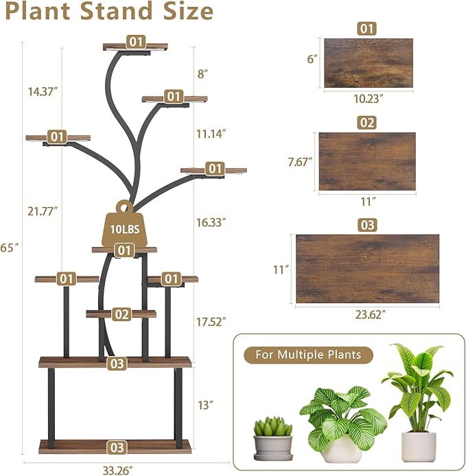 Plant Stand Indoor with Grow Lights - 10 Tiered Indoor Plant Shelf, 65" Corner Plant Stands for Indoor Plants, Tree Shaped Plant Rack for Multiple Plants, Metal Flower Display for Home, Balcony, Patio