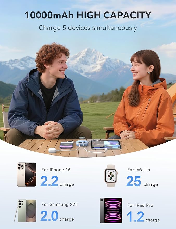 Portable Charger Power Bank, 10000mAh 22.5W Fast Charging Phone Charger with Built-in Cables, Travel Essential Battery Pack with LED Display, Keychain Battery Bank for iPhone, iWatch 10/9/8/7/6/5 Blue