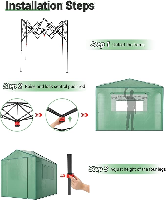 6X8 FT Portable Greenhouse for Outdoor,182 x 243 CM Wall in Pop Up Greenhouse for Gardening Plant, Zipper Roll Up Door & 4 Mesh Window, Double Frame, PE Cover Grow Tent for Winter, Green