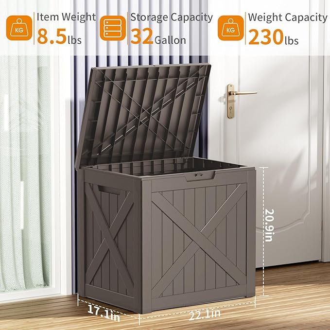 ROJIK 35 Gallon Outdoor Storage Housing Deck Box,Waterproof Patio Furniture, Garden Tools, Cushions, Pool Accessories Storage Bench with Lockable Lid and Side Handles(Grey)