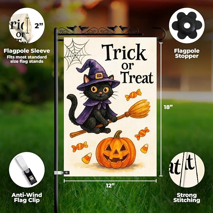 Halloween Garden Flag 12x18 – Trick or Treat Black Cat & Pumpkin with Broom Stick & Spiderweb – Double Sided Burlap Halloween Flags for Outside, Fits Garden Flag Poles