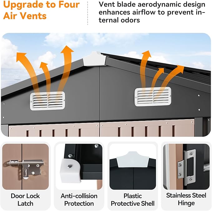 8x12FT Outdoor Storage Shed, Metal Garden Shed with Lockable Double Doors & Sloping Roof, Weather-Resistant Tool Shed for Backyard, Patio, Poolside Brown