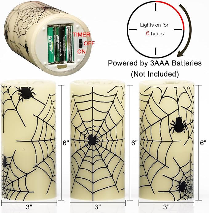 Eldnacele Halloween Flameless Candles with Timer,Battery Operated Spider Cobweb Decal Flickering Candles Real Wax LED Pillar Candle Set of 3 for Holiday Indoor Home Spooky Decor(3×6 Inches)