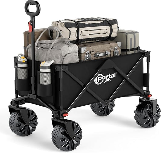 PORTAL Collapsible Folding Utility Beach Wagon Carts Heavy Duty with All Terrain Wheels for Outdoor, Camping, Garden, Shopping, Groceries, Foldable, Large Capacity, Portable, Black