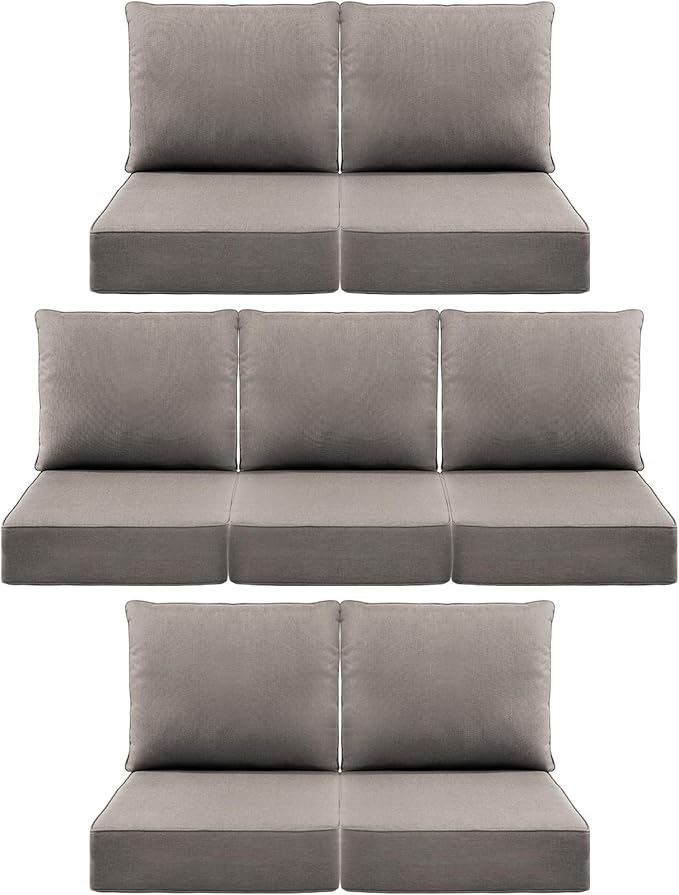 Luxury 6" Outdoor Cushions for Patio Furniture, 24x24x6 Thick Seat Cushion Set of 7, Fade Resistant Couch Chair Replacement Cushions High Density Deep Wicker Chair Cushion w/Removable Cover Gray