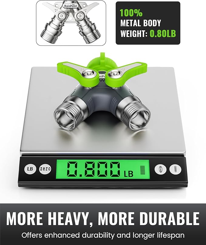 RAINPOINT Garden Hose Splitter, 2 Way Heavy Duty Water Hose Y Spigot Splitter with Shutoff Valves, 100% Metal Body Outdoor Faucet Splitter, 1.9" Extra Long Metal Handle, 3/4" GHT Thread (1, Green)