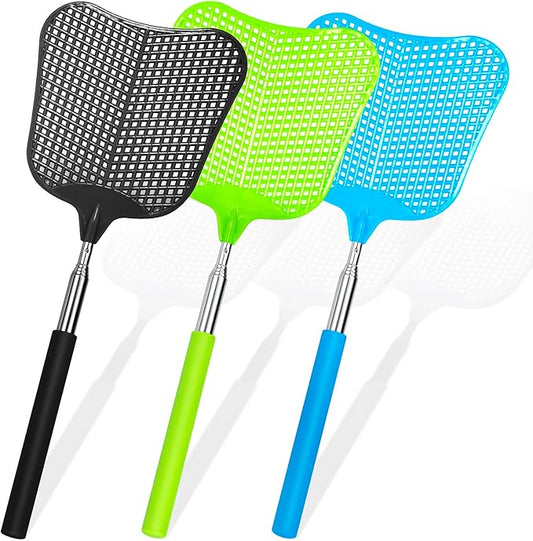 Telescopic Fly Swatter, Hiway 3 Pack Fly Swatter for Indoors Plastic Flyswatter Heavy Duty with Stainless Steel Telescopic Handle