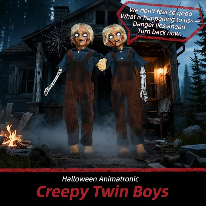 HOYECHI Animatronic Halloween Decorations Twin Boys 4.3ft – Scary Halloween Decorations for Yard, Motion & Sound Activated Outdoor Decor, Footstep & Touch Trigger