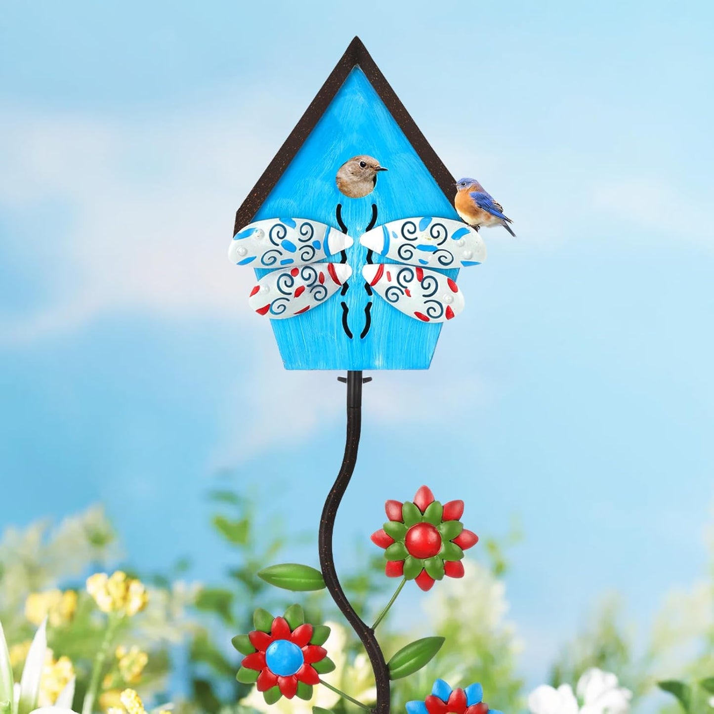 51” Bird Houses Stake for Outside, Metal Wild Bird Feeder Birdhouse Stake Pole with Dragonfly Design Outdoor Decorations for Patio, Backyard, Garden
